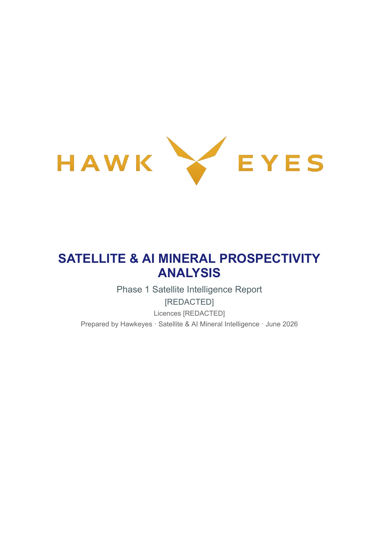 Sample report cover: Satellite & AI Mineral Prospectivity Analysis, Phase 1 Satellite Intelligence Report